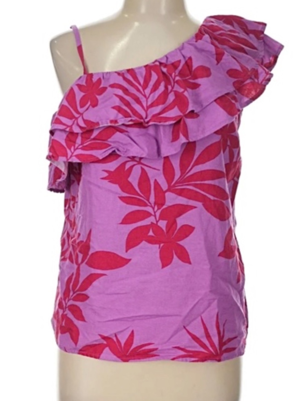 Old Navy Purple & Red Floral Asymmetrical Ruffle Shoulder Tank Top - Small